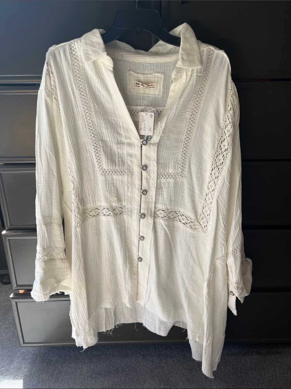 We The Free Women's White Crochet-Trim Button Down tunic